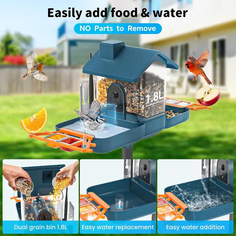 NAVFS ​Bird Feeder with Camera and Bird Bath for Outdoors, BLUE
